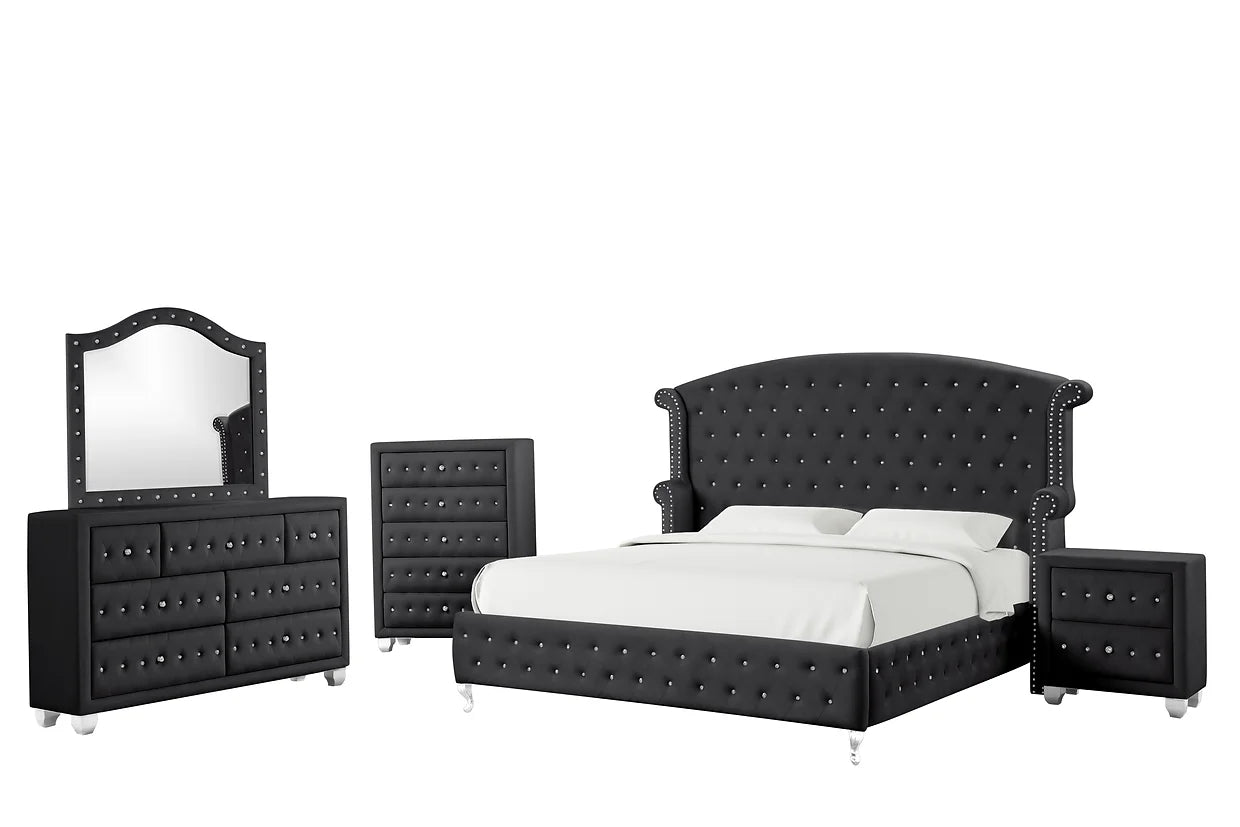 5pcs Black Diamond Velvet Bedroom Set