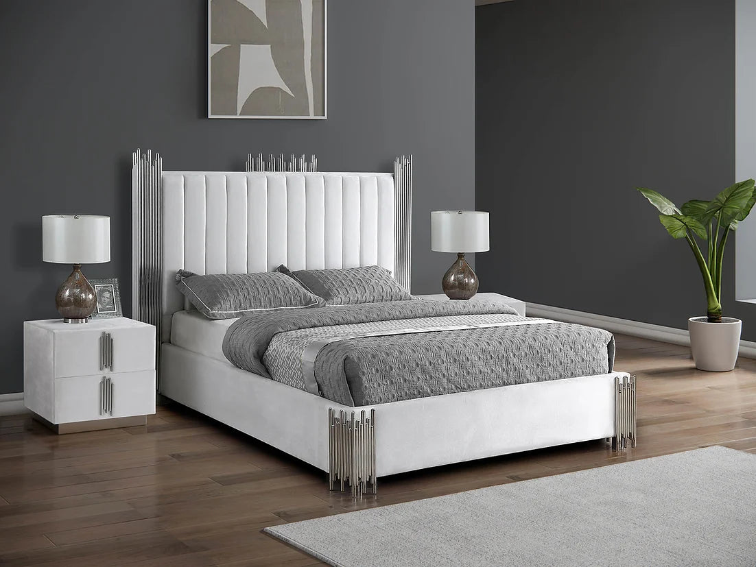 White Velvet Metal Ends Platform Bed Frame