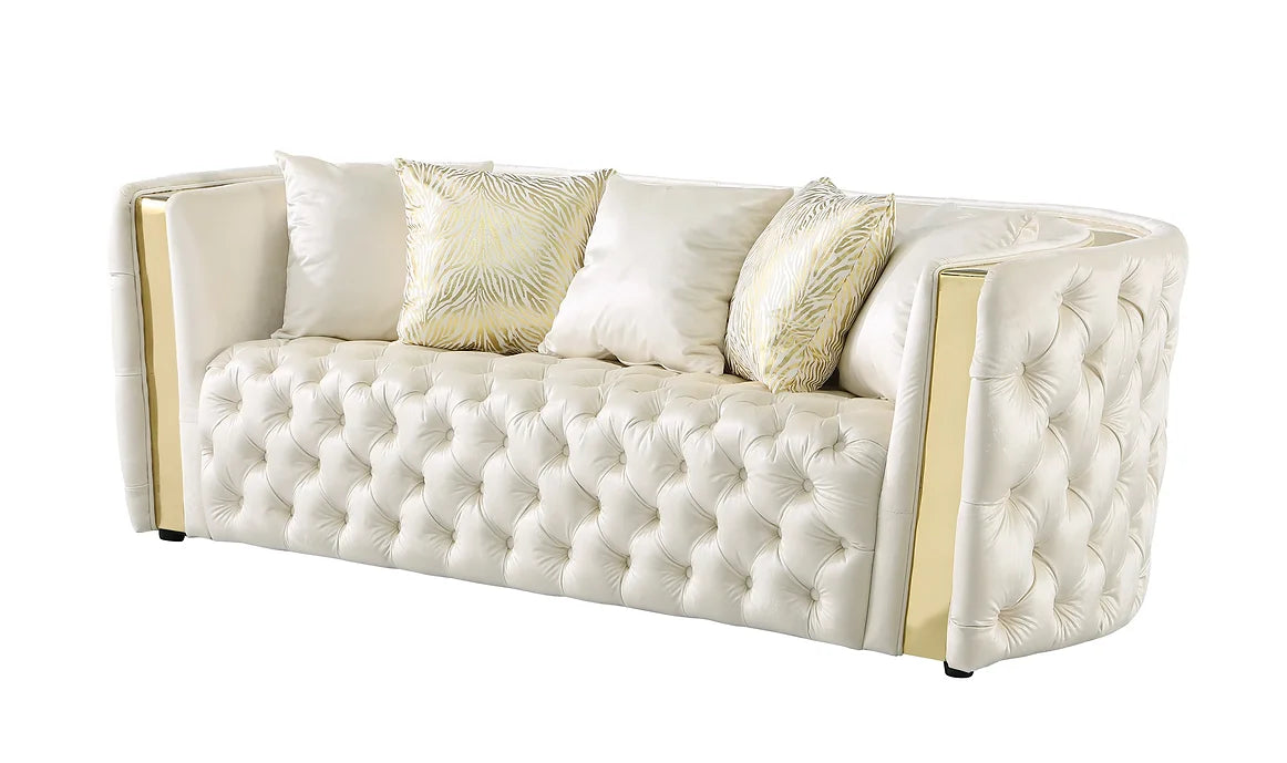 Cream and Gold Velvet Tufted Sofa, Loveseat & Chair