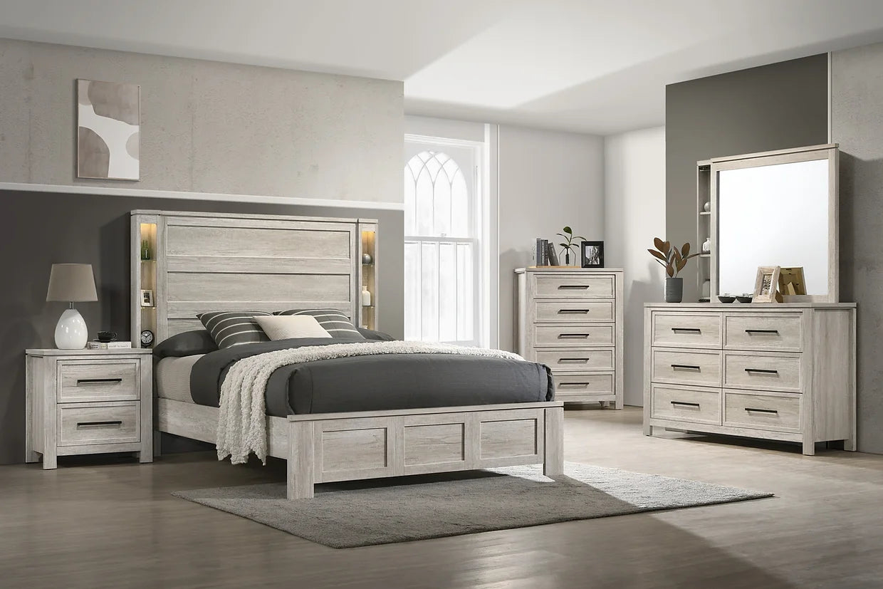 5pcs White Washed Finished Wood Bedroom Set