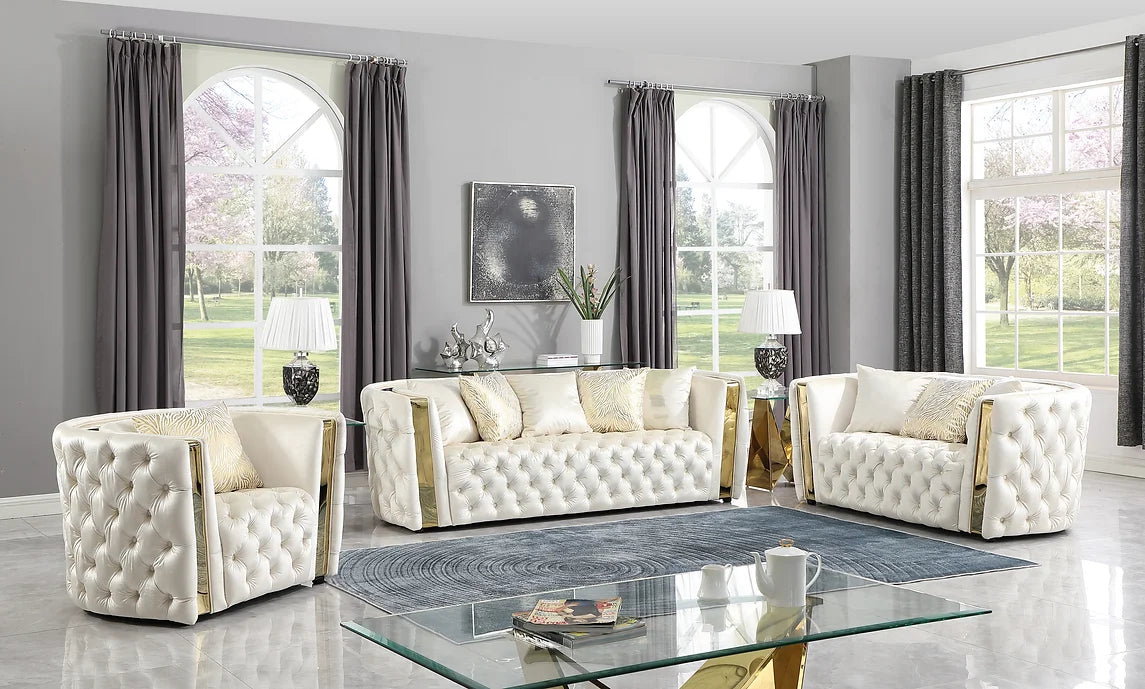 Cream and Gold Velvet Tufted Sofa, Loveseat & Chair