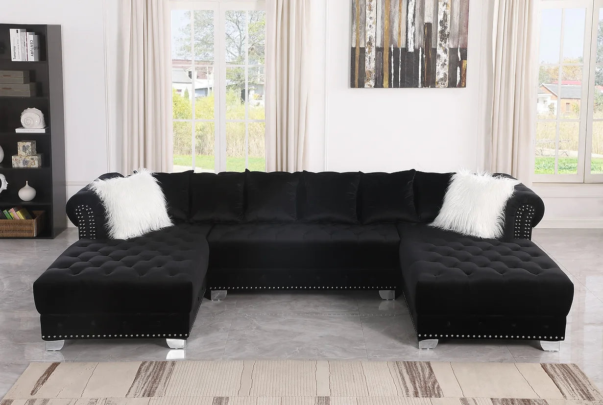 Jordan II Black Tufted Velvet Double Chaise Sectional