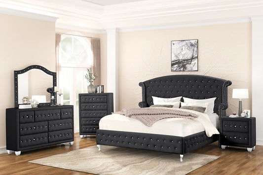 5pcs Black Diamond Velvet Bedroom Set