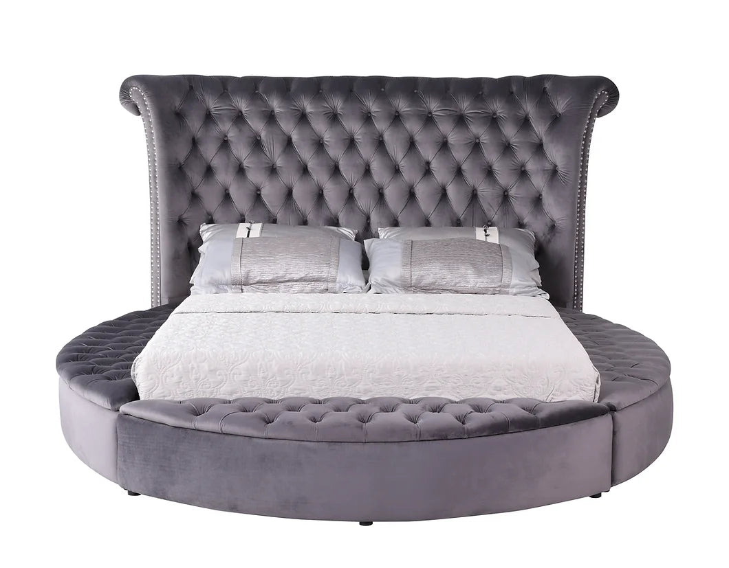 Lux Grey Velvet Tufted Round Storage Platform Bed Frame