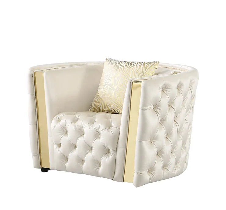 Cream and Gold Velvet Tufted Sofa, Loveseat & Chair