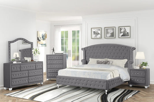 5pcs Grey Diamond Velvet 4pcs Bedroom Set