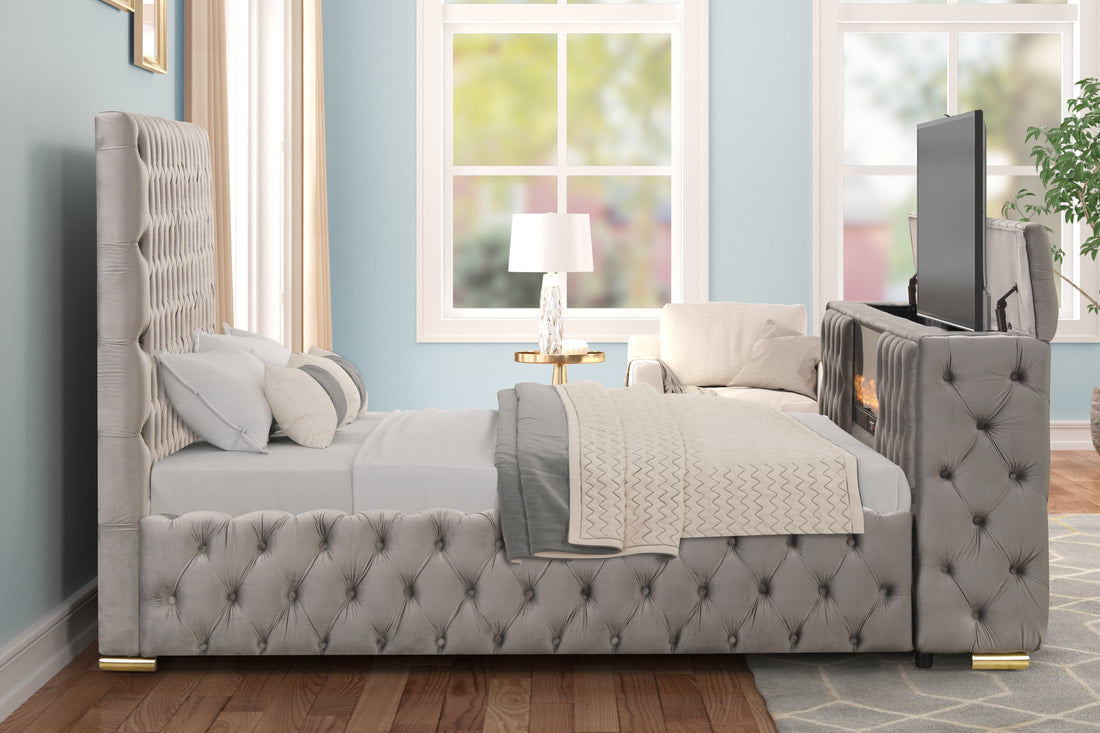 Future Grey Platform Bed Frame with TV Stand