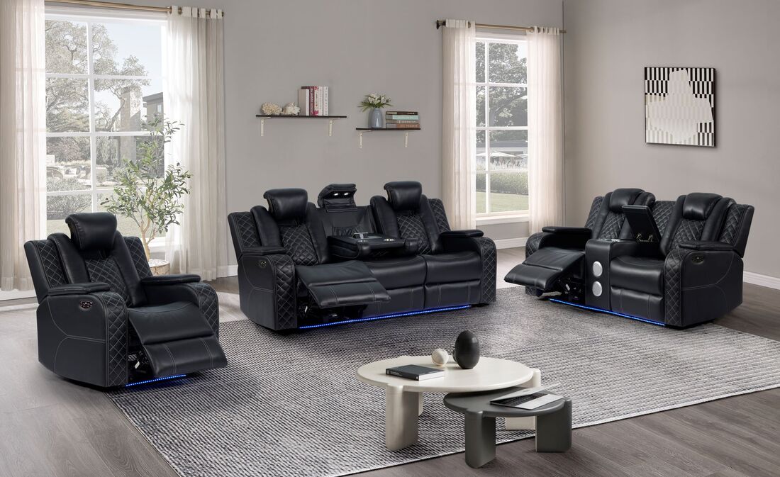 3pcs Galaxy Black Leather Gel Power LED, Speaker Bluetooth Sofa Set