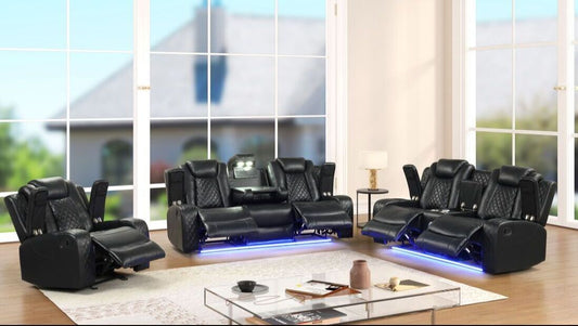 3pcs Luz Black Leather Gel Reclining Sofa Set