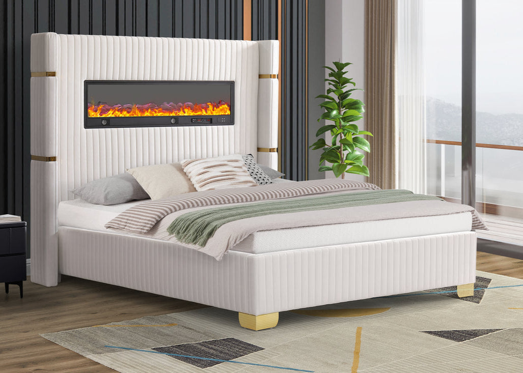 Romance Ivory Fireplace Velvet Platform Bed Frame