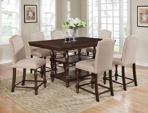 7pcs Brown Wood & Beige Linen Chairs Dining Set