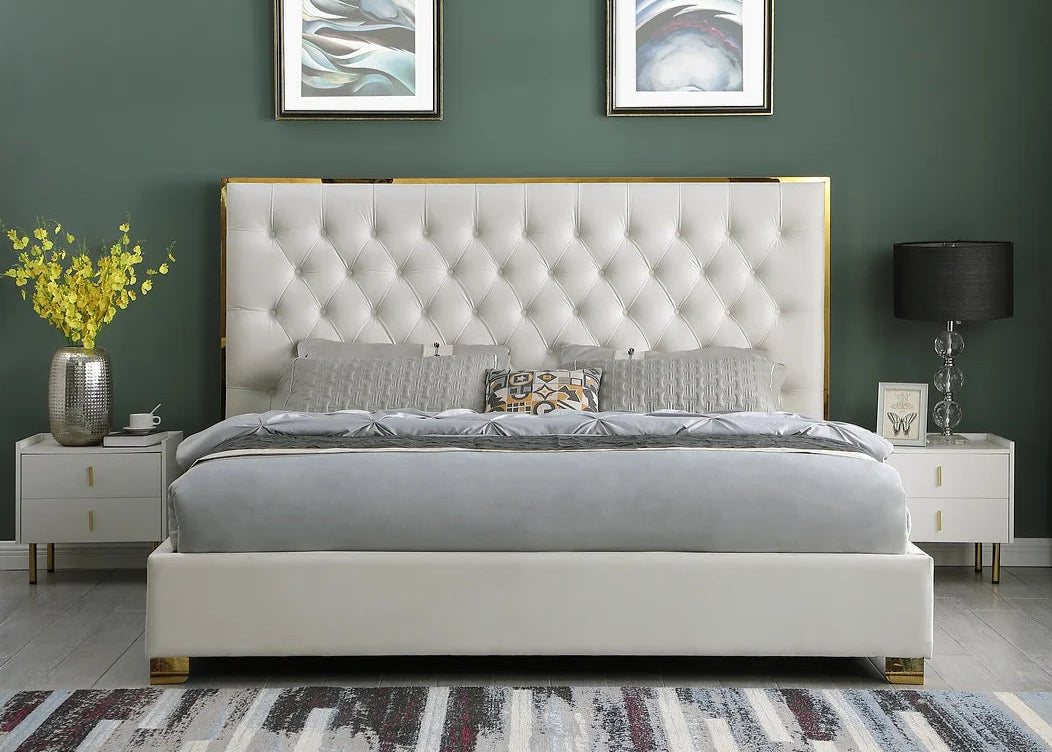 Rose Ivory Velvet Gold Trim Platform Bed Frame